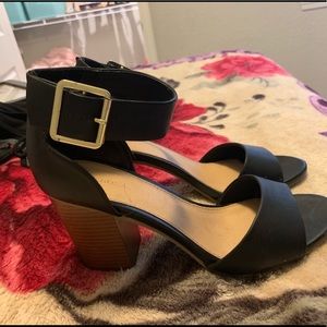 Thick strappy black heels